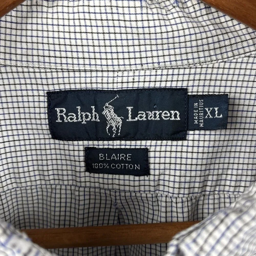 Ralph Lauren Men XL Shirt button long sleeve Blue White Check Blaire Navy Pony